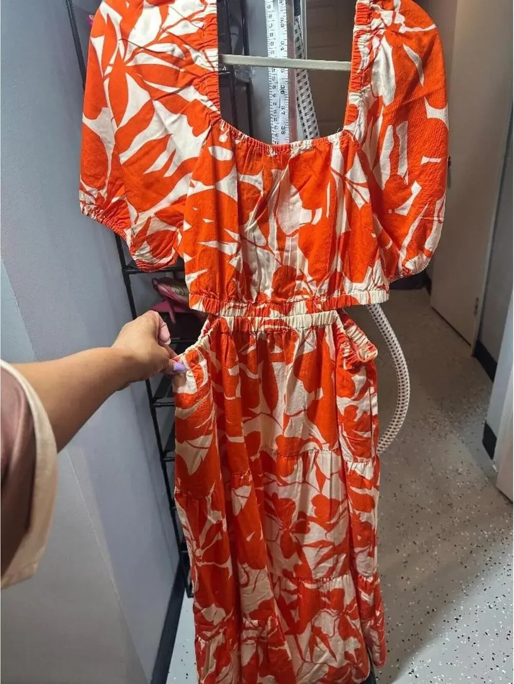 The Drop Orange White Floral Maxi Dress XL Puff Sleeve Smocked Waist Summer Reso - Picture 4 of 6